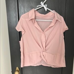 SHEIN Pink Button Down Shirt with Tie Front and Notched Collar